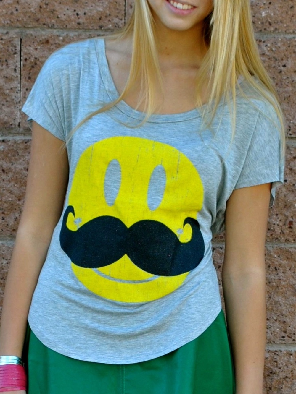 Gray Smile Face Mustache Graphic Tee - Unbranded